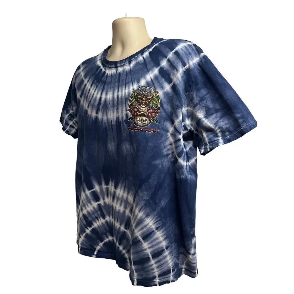 Psycho Tuna Mens Blue Floral Tie Dye Graphic Tiki T-Shirt Large All Over Print - Picture 3 of 6